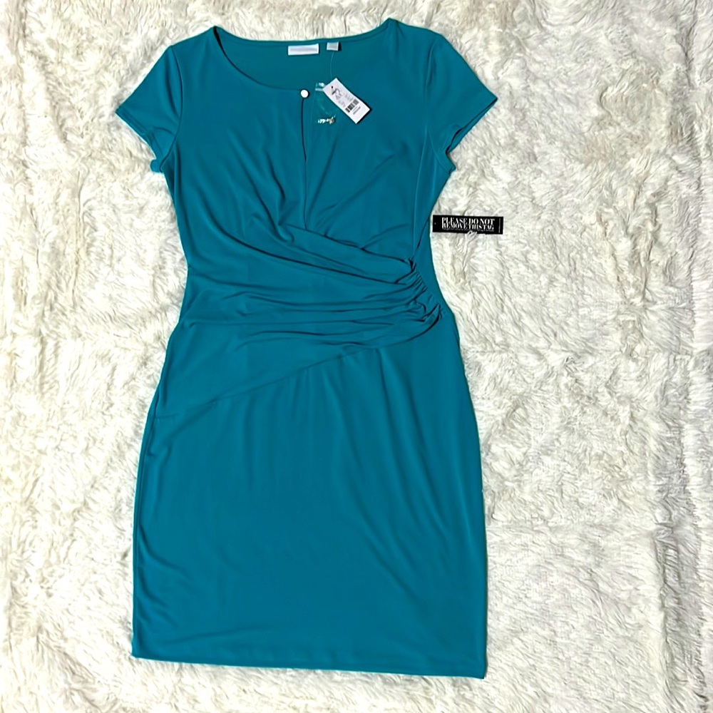 New York & Company Teal Ruched Waist Mini Dress